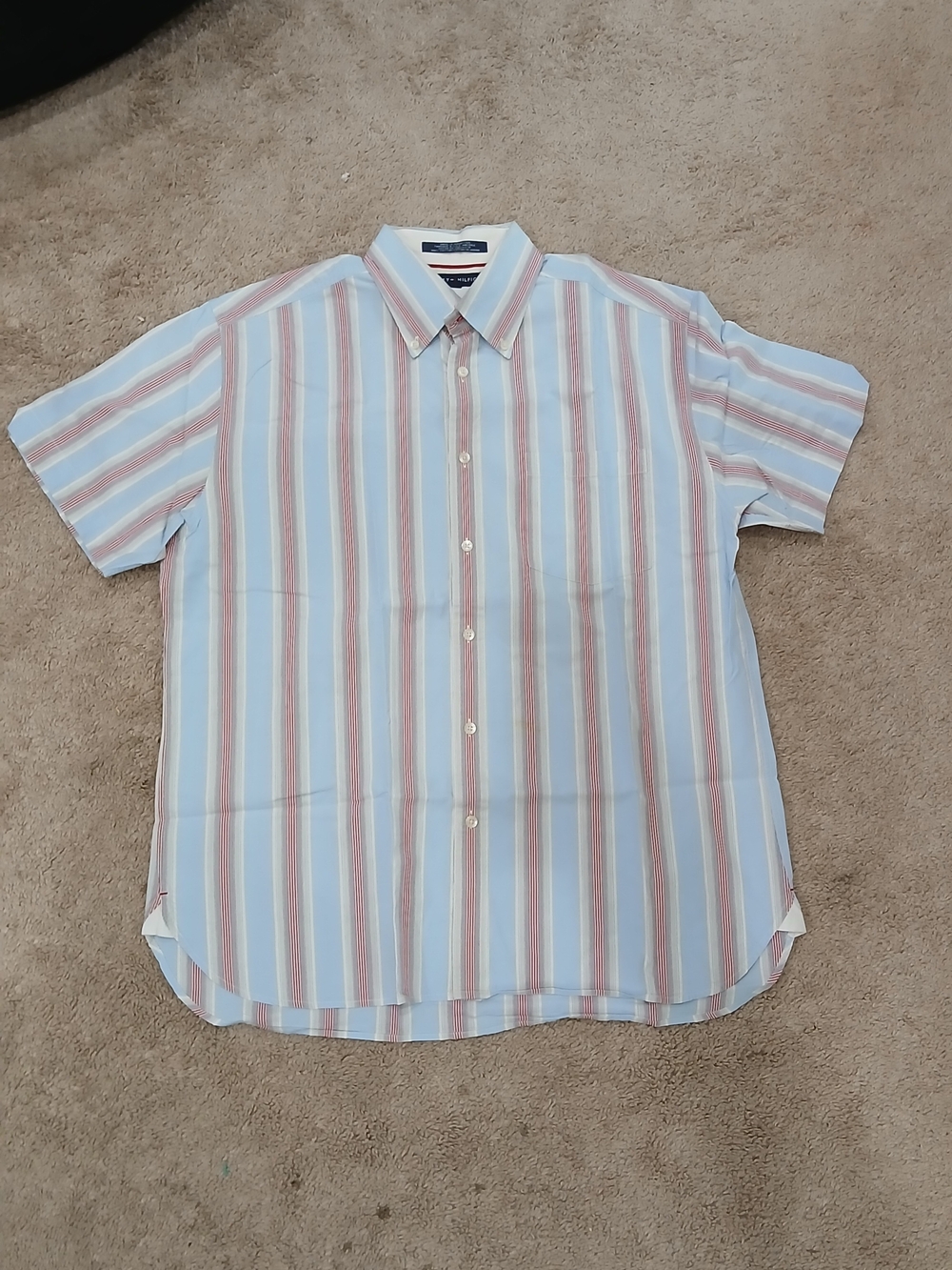 Tommy Hilfiger Light Blue and Red Striped Short Sleeve Shirt